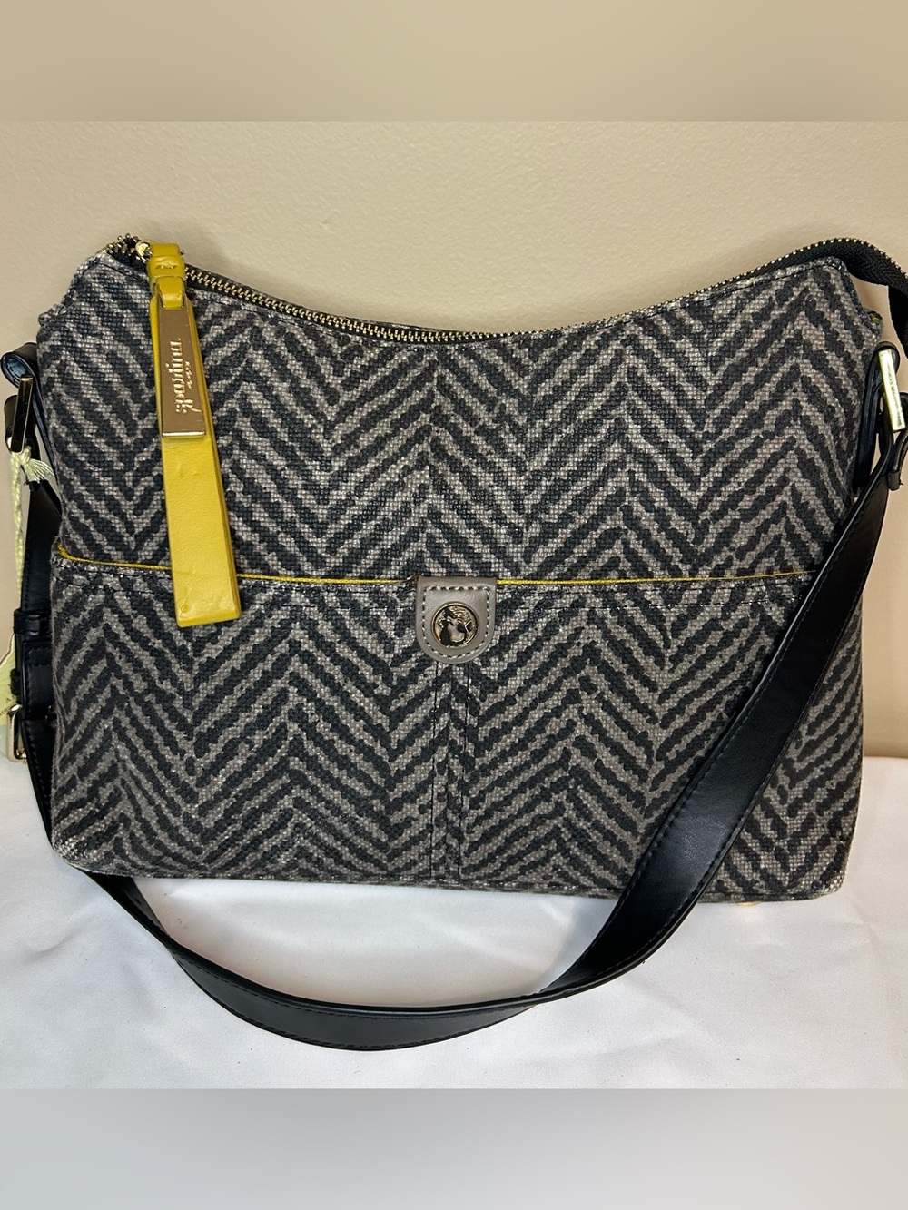 Spartina 449 Gray and Black Chevron Shoulder Bag with Yellow Accents